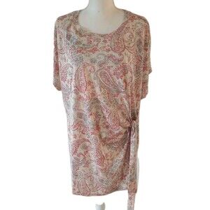 Cato 22 24 Knit Top Shirt Tan Red Paisley Faux Wrap Side Tie Boho Short Sleeve